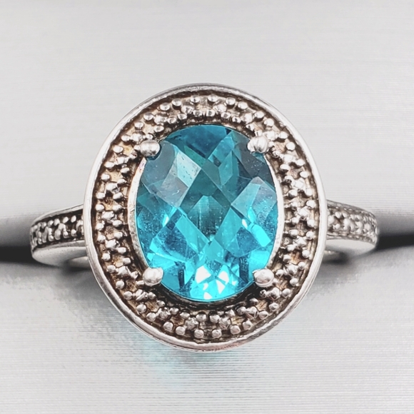 Genuine Blue / Green Checkerboard Cut Zircon 925 Sterling Silver Halo Ring - Picture 1 of 5